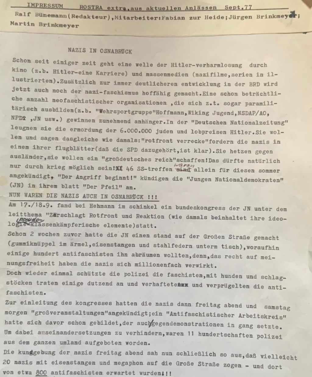 „Nazis in Osnabrück“ – Ein Kommentar in der Rostra von&nbsp;1977
